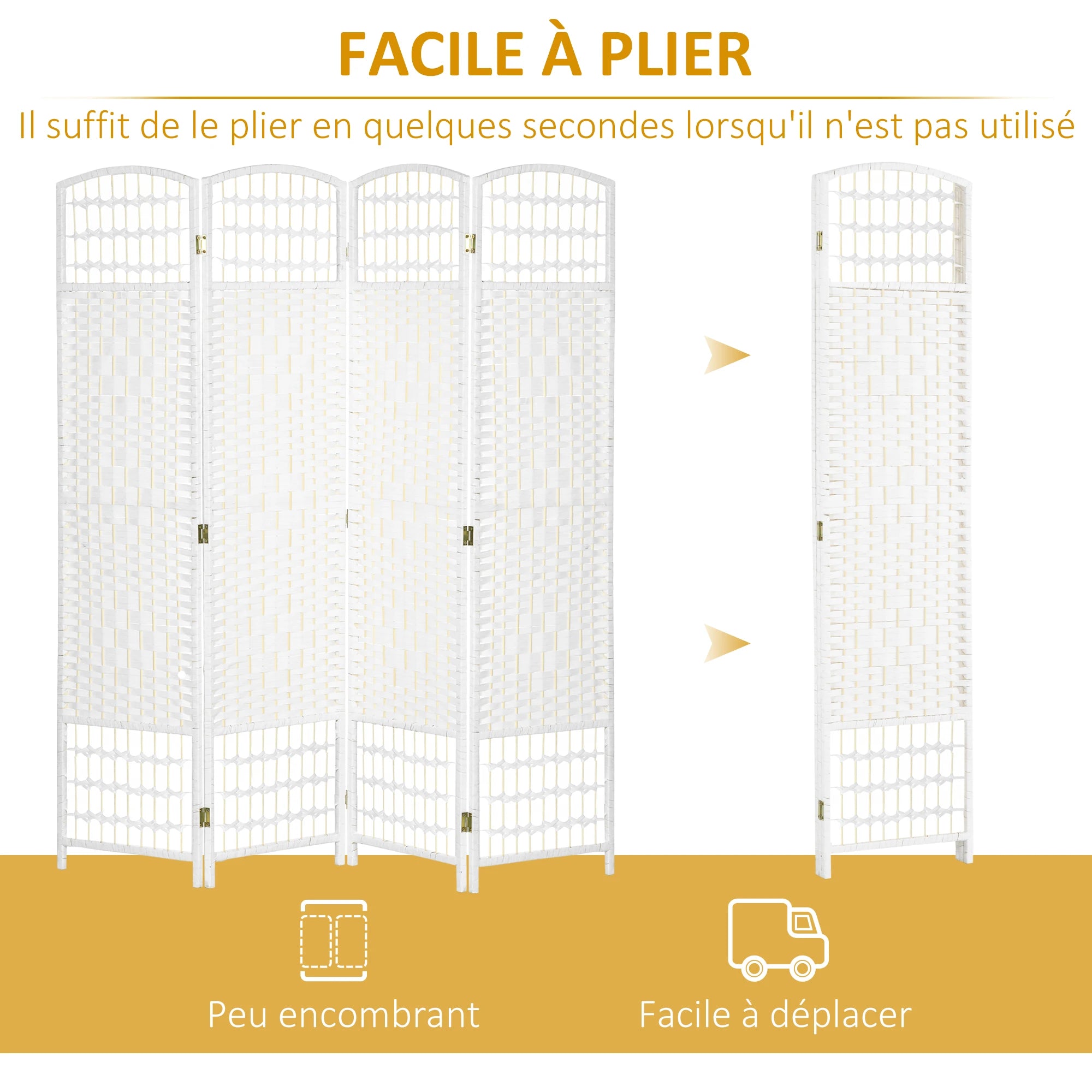 Paravent 4 Panneaux Blanc — Cloison Pliable Chambre & Salon 160 × 170 cm