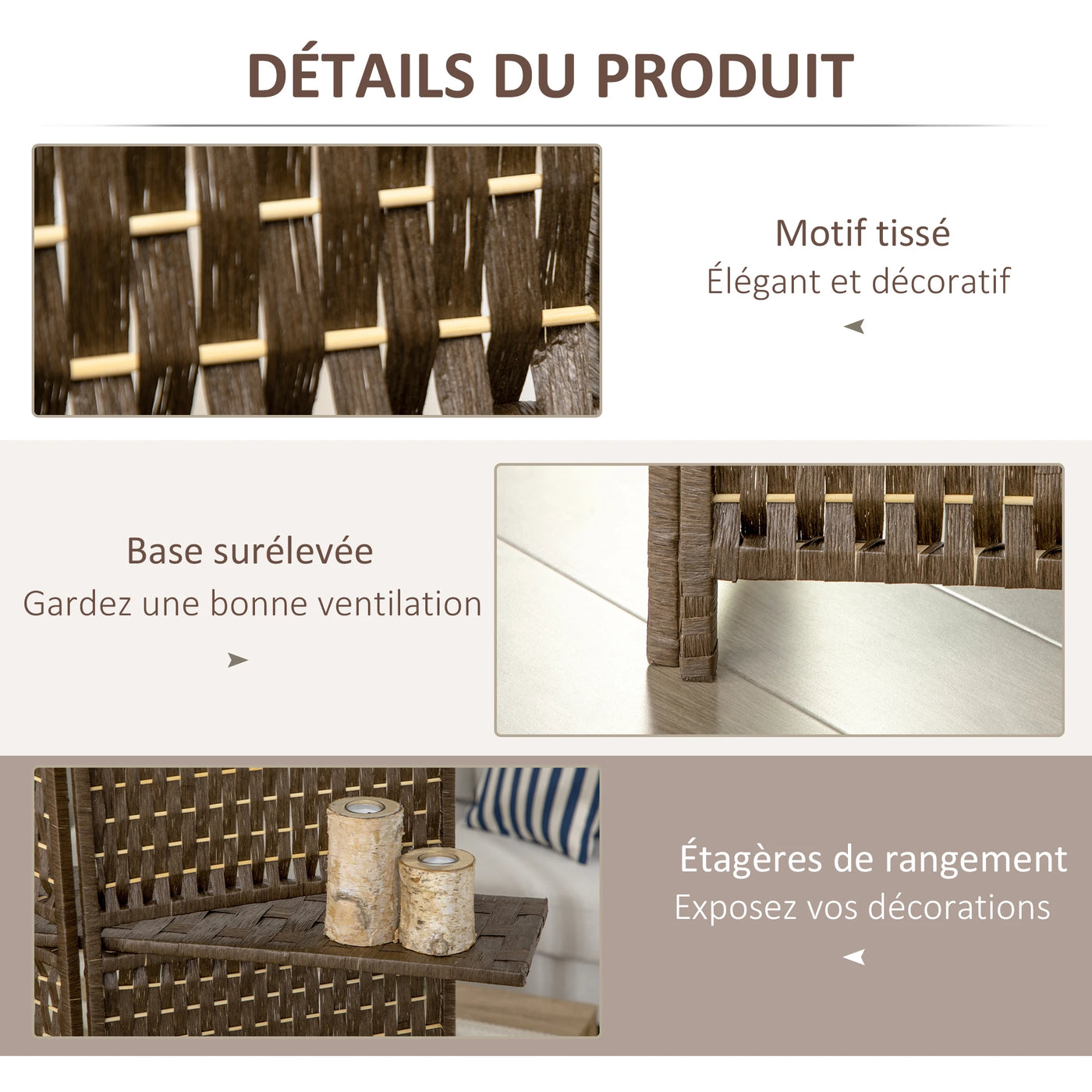 Paravent 4 Panneaux Bambou avec 2 Étagères — Rangement & Séparation