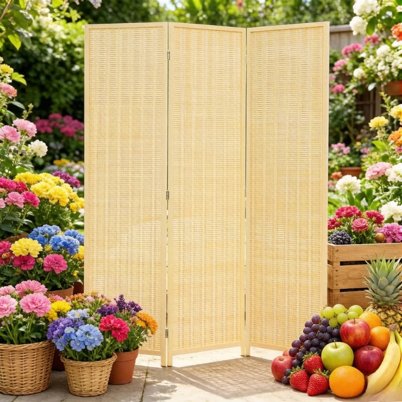 Paravent 3 Panneaux Sapin, Bambou & Fibre Naturelle Tressée — Cloison Organique