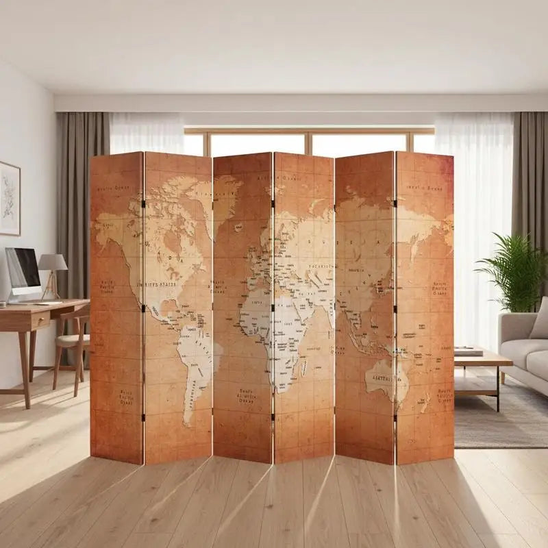 Paravent Imprimé Carte du Monde — Toile Recto-Verso, Cadre Bois