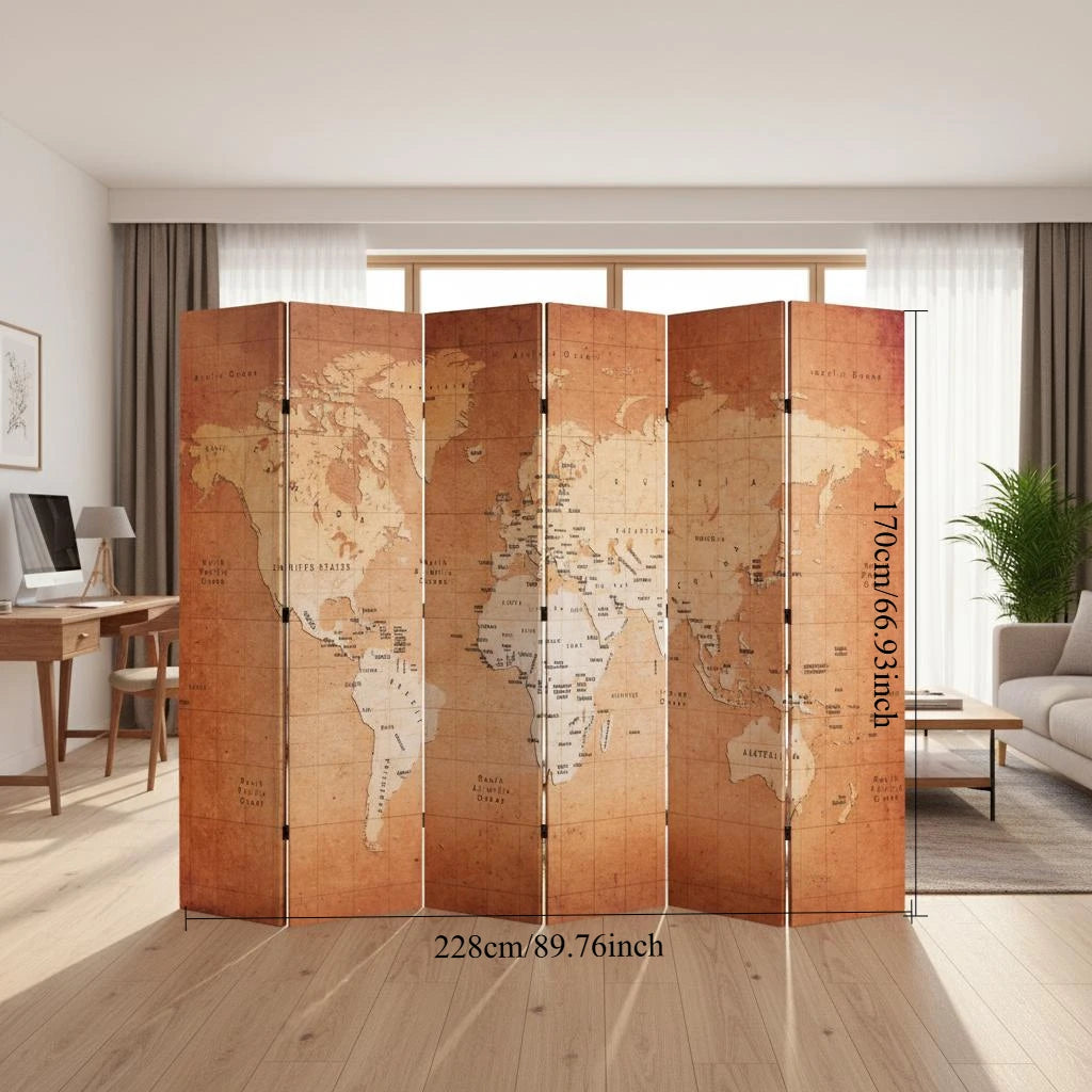 Paravent Imprimé Carte du Monde — Toile Recto-Verso, Cadre Bois