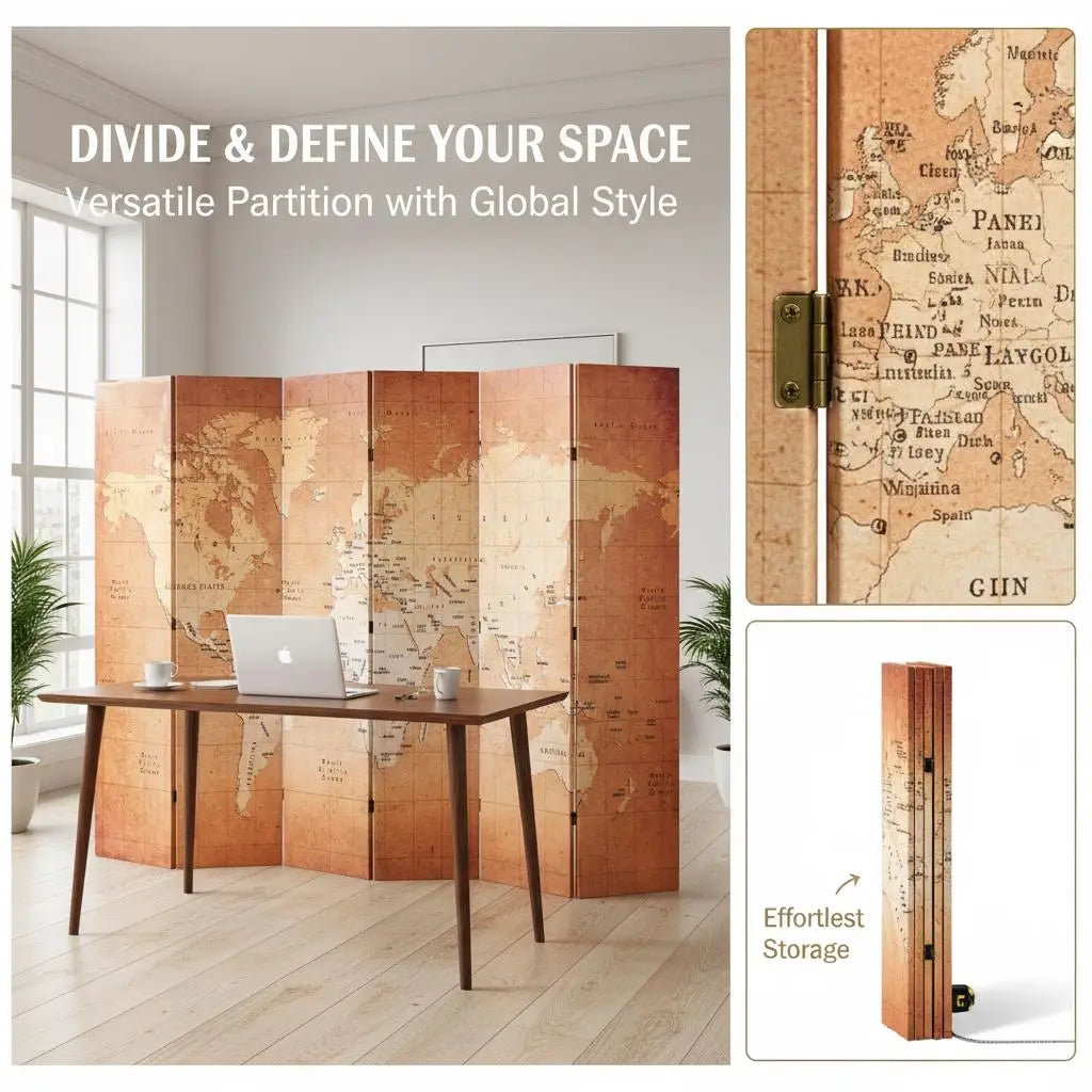 Paravent Imprimé Carte du Monde — Toile Recto-Verso, Cadre Bois