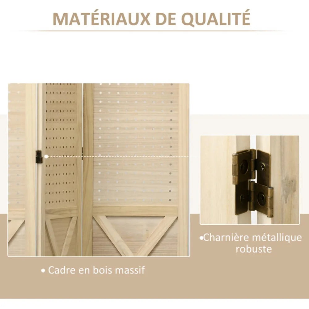 Paravent 4 Panneaux Bois Perforé 152×145 cm