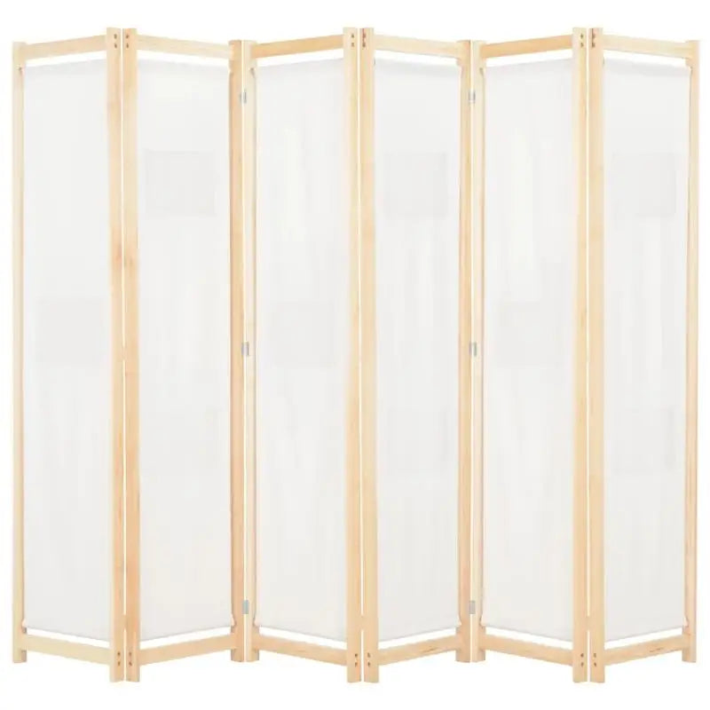 Paravent 6 Panneaux Tissu Crème & Sapin Massif — Cloison 240 × 170 cm