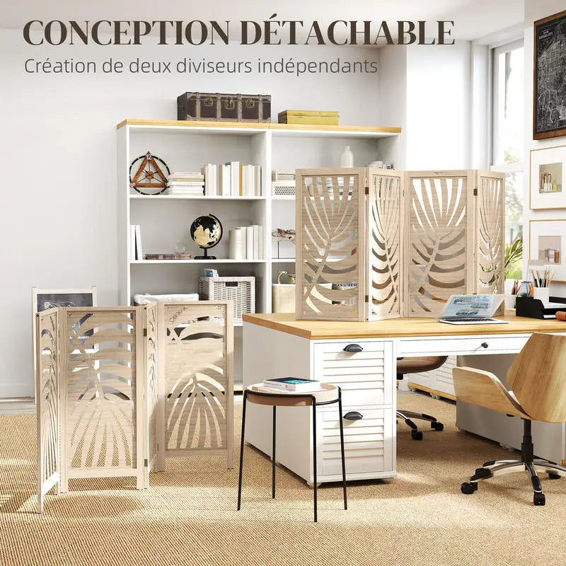 Paravent 4 Panneaux Motif Feuilles de Palmier — Cloison Décorative Tropicale Modulable