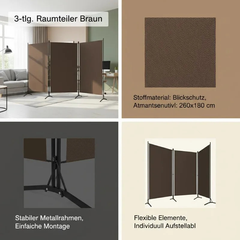 Paravent 3 Panneaux Tissu Brun & Armature Fer — Cloison Bohème 260 × 180 cm