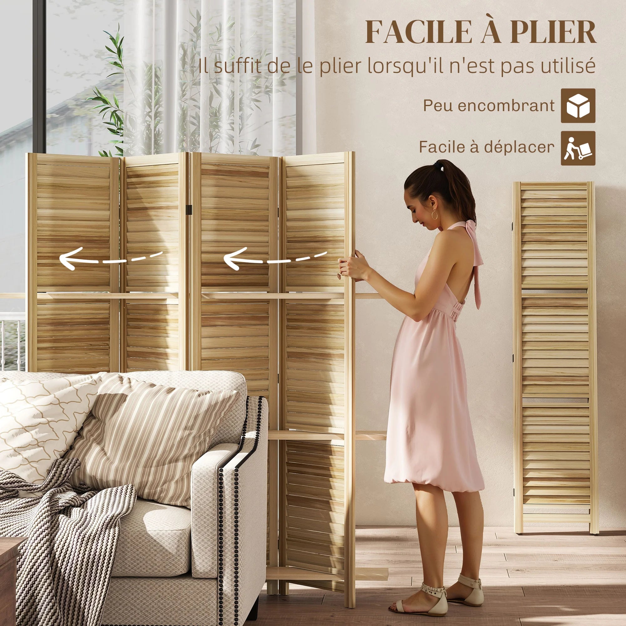 Paravent 4 Panneaux Blanc avec 3 Étagères — Cloison & Meuble 160 × 170 cm