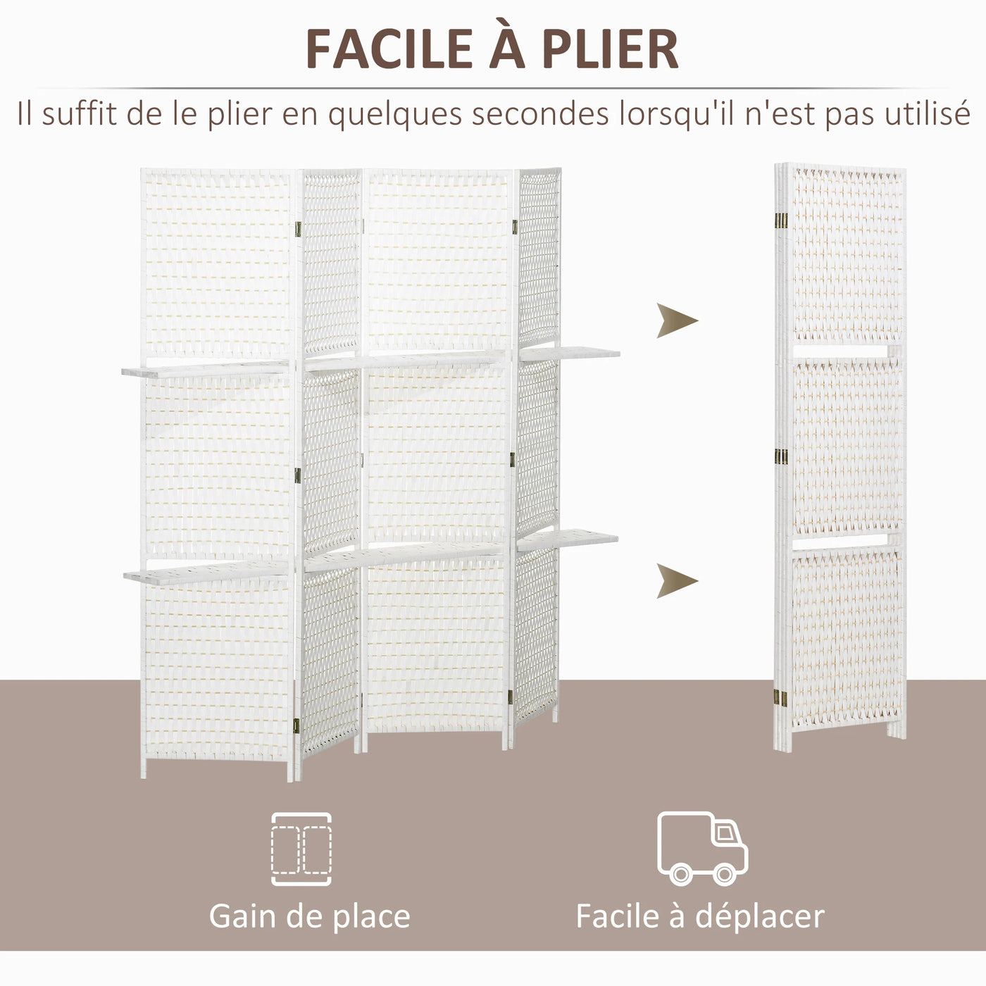 Paravent 4 Panneaux avec Étagères — Cloison Décorative & Rangement Autoportant