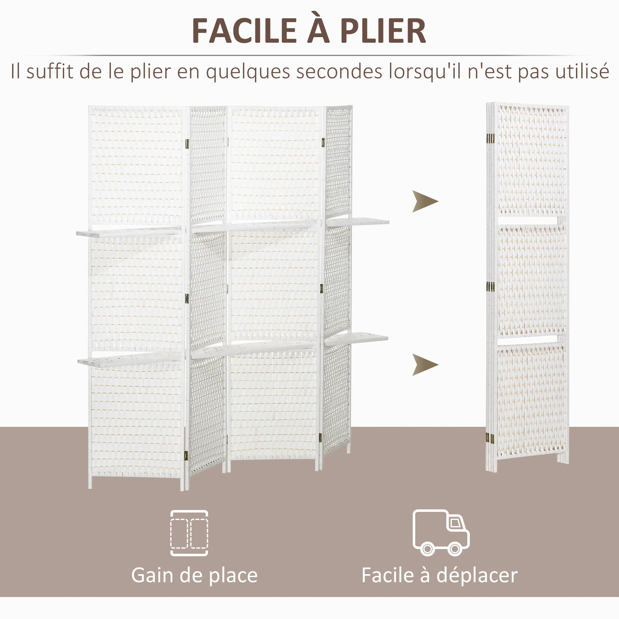 Paravent 4 Panneaux avec Étagères — Cloison Décorative & Rangement Autoportant