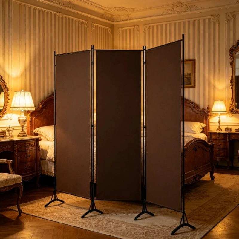 Paravent 3 Panneaux Tissu Brun & Armature Fer — Cloison Bohème 260 × 180 cm