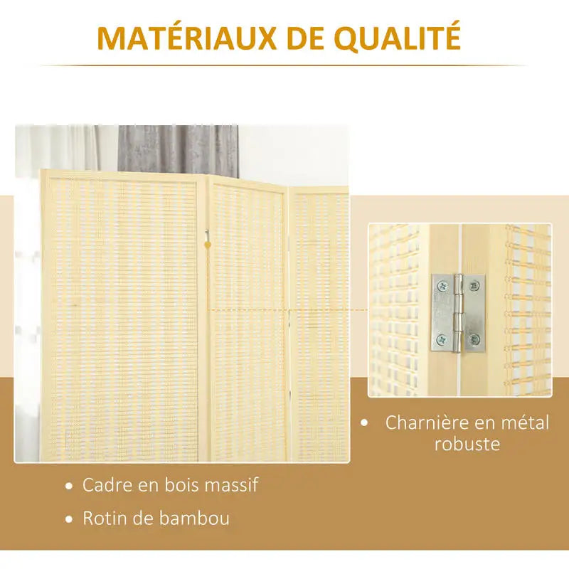 Paravent 3 Panneaux Sapin, Bambou & Fibre Naturelle Tressée — Cloison Organique
