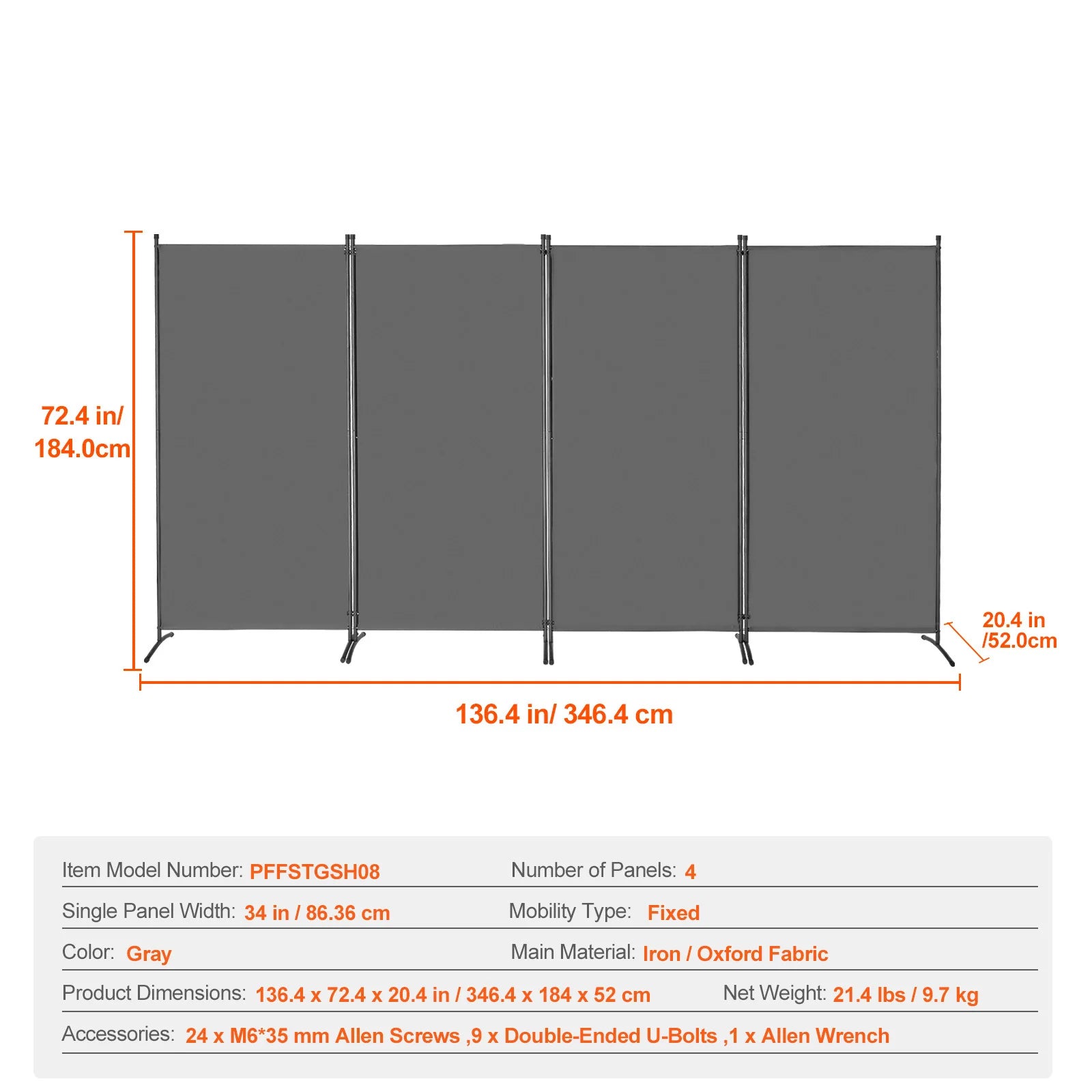 Paravent Pliable Tissu Gris — 4 Panneaux 346×184 cm