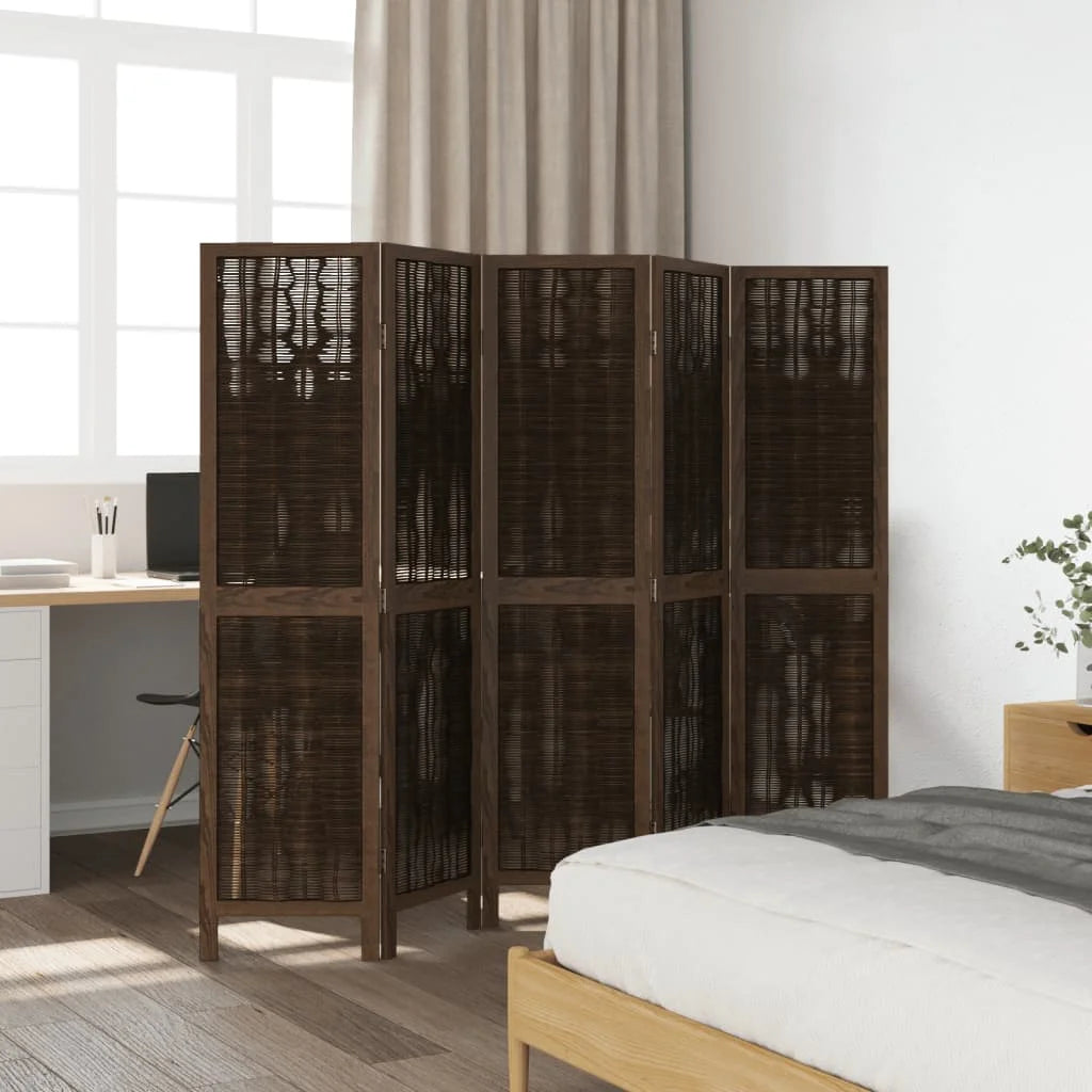 Paravent 5 Panneaux Bois Paulownia Brun Foncé — Cloison Naturelle & Durable