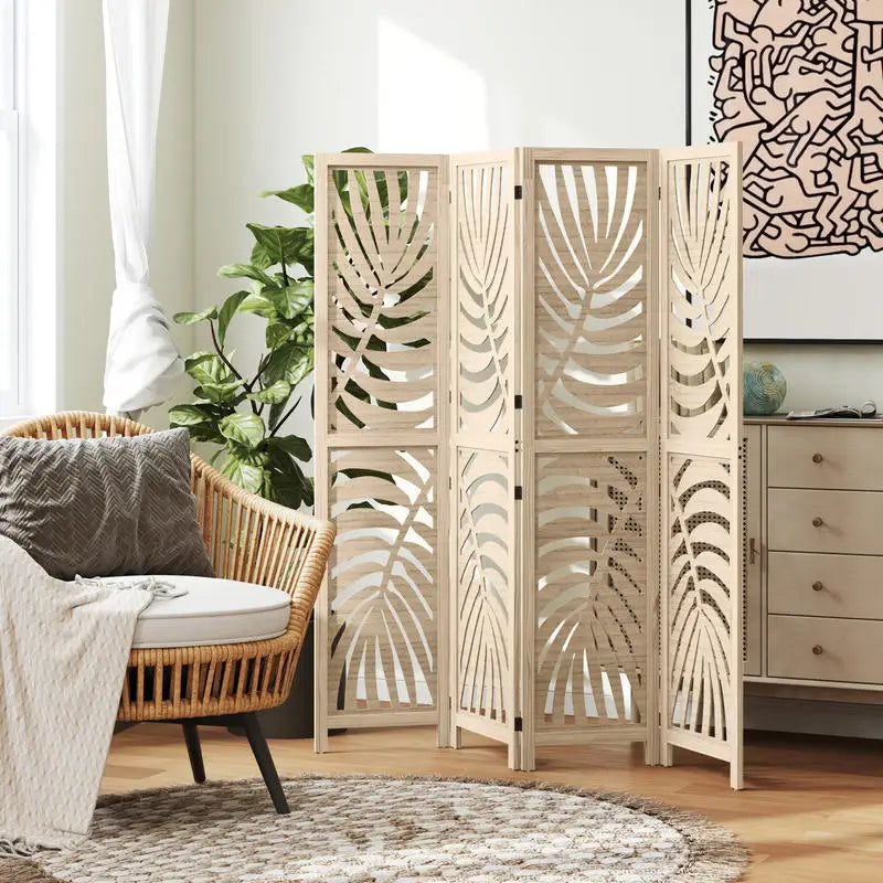Paravent 4 Panneaux Motif Feuilles de Palmier — Cloison Décorative Tropicale Modulable