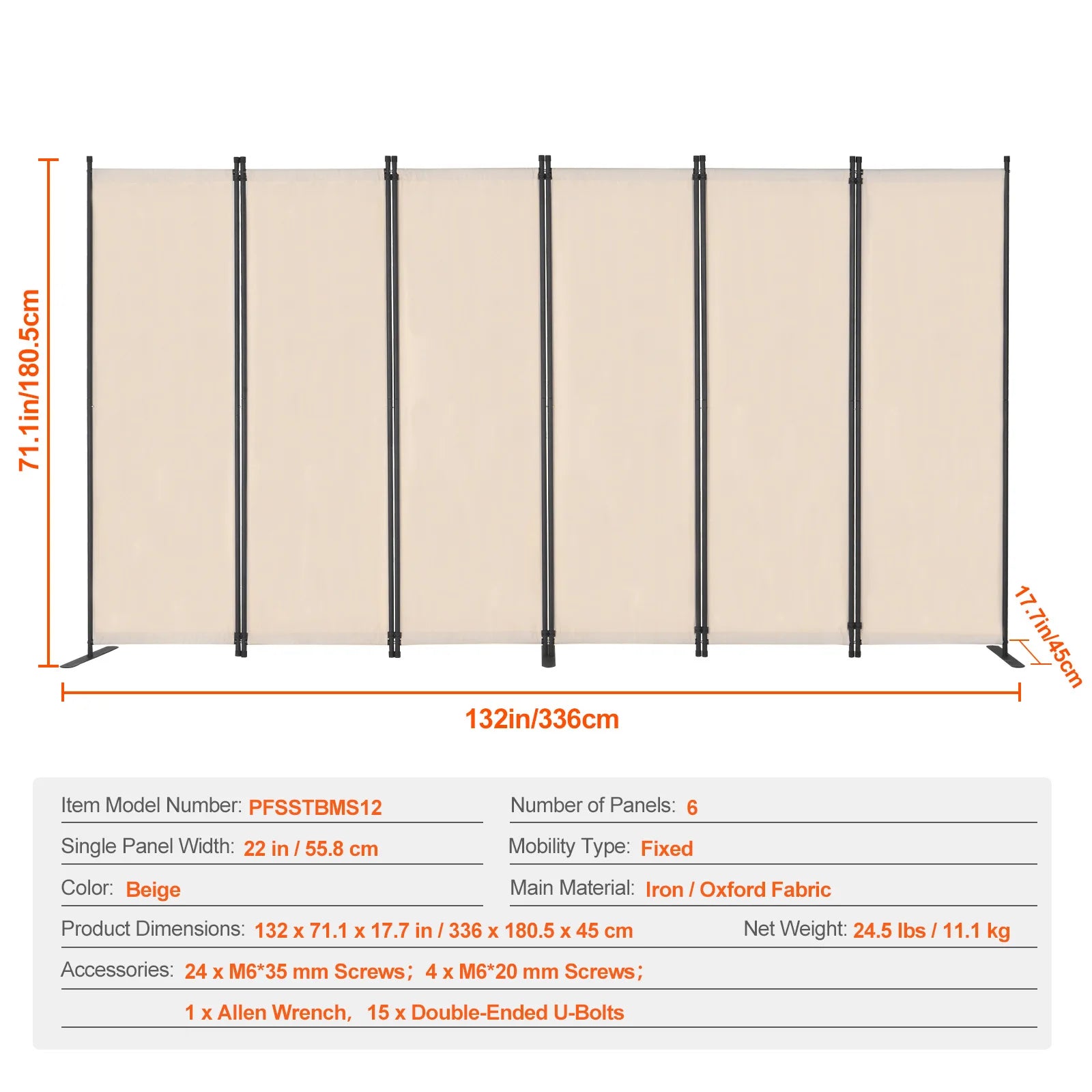 Paravent Pliable Tissu Beige — 6 Panneaux 336×181 cm
