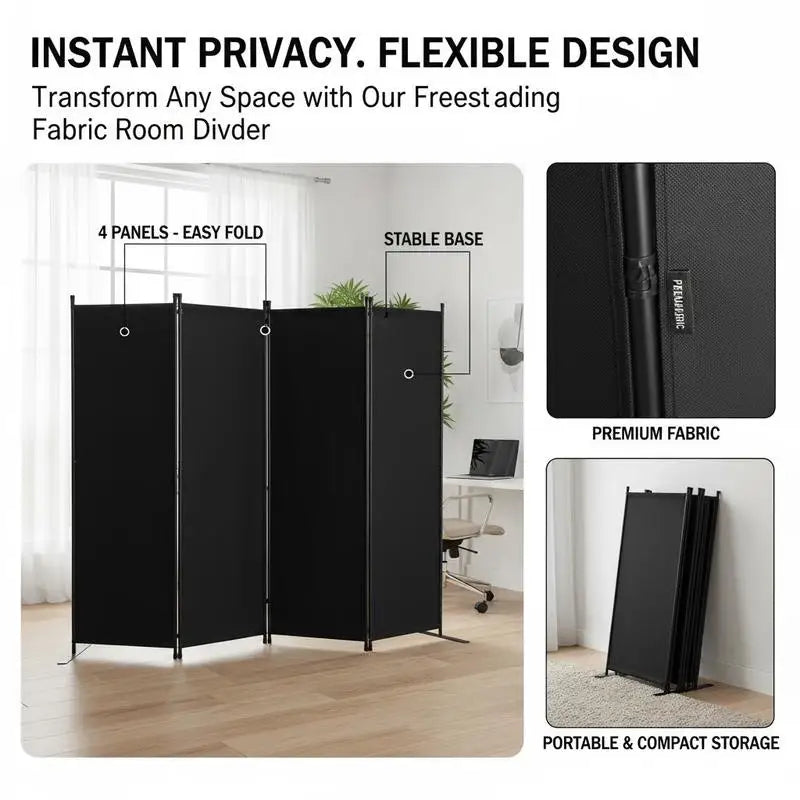 Paravent 4 Panneaux Tissu Noir — Séparateur Design 228 × 172 cm
