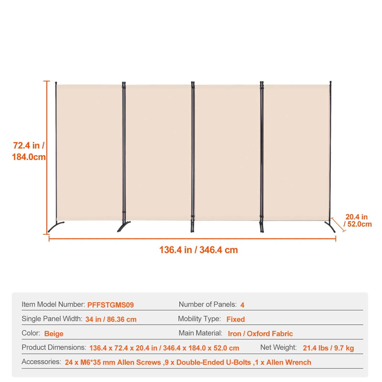 Paravent 4 Panneaux Tissu Beige — Séparateur Bureau & Chambre, Léger & Pratique