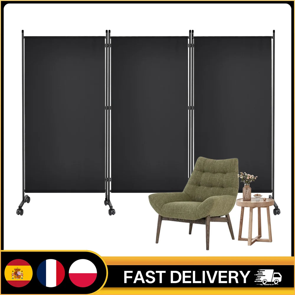 Paravent 3 Panneaux Tissu sur Roulettes — Cloison Mobile 260 × 180 cm