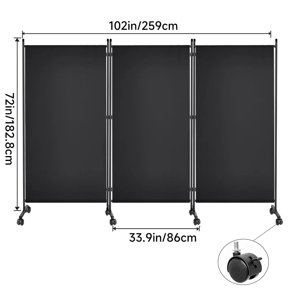 Paravent 3 Panneaux Tissu sur Roulettes — Cloison Mobile 260 × 180 cm