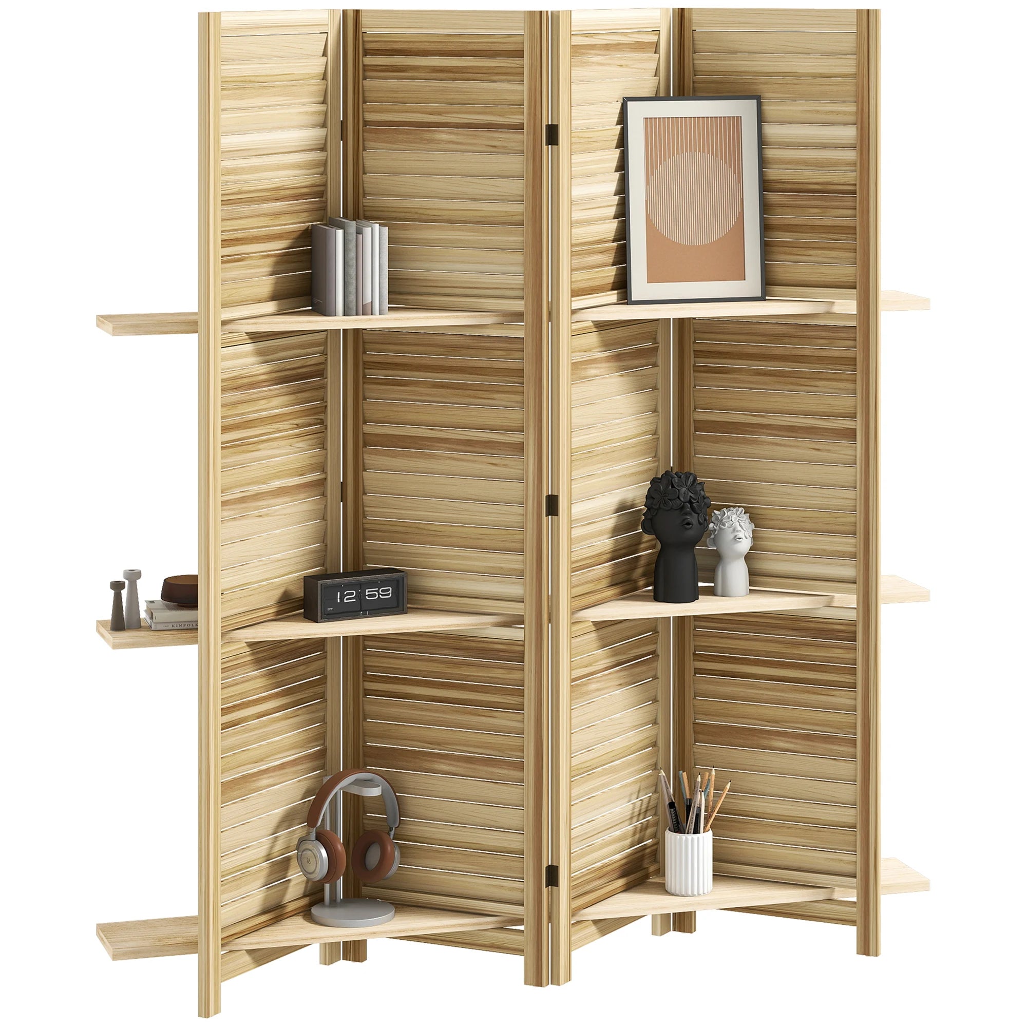 Paravent 4 Panneaux Blanc avec 3 Étagères — Cloison & Meuble 160 × 170 cm