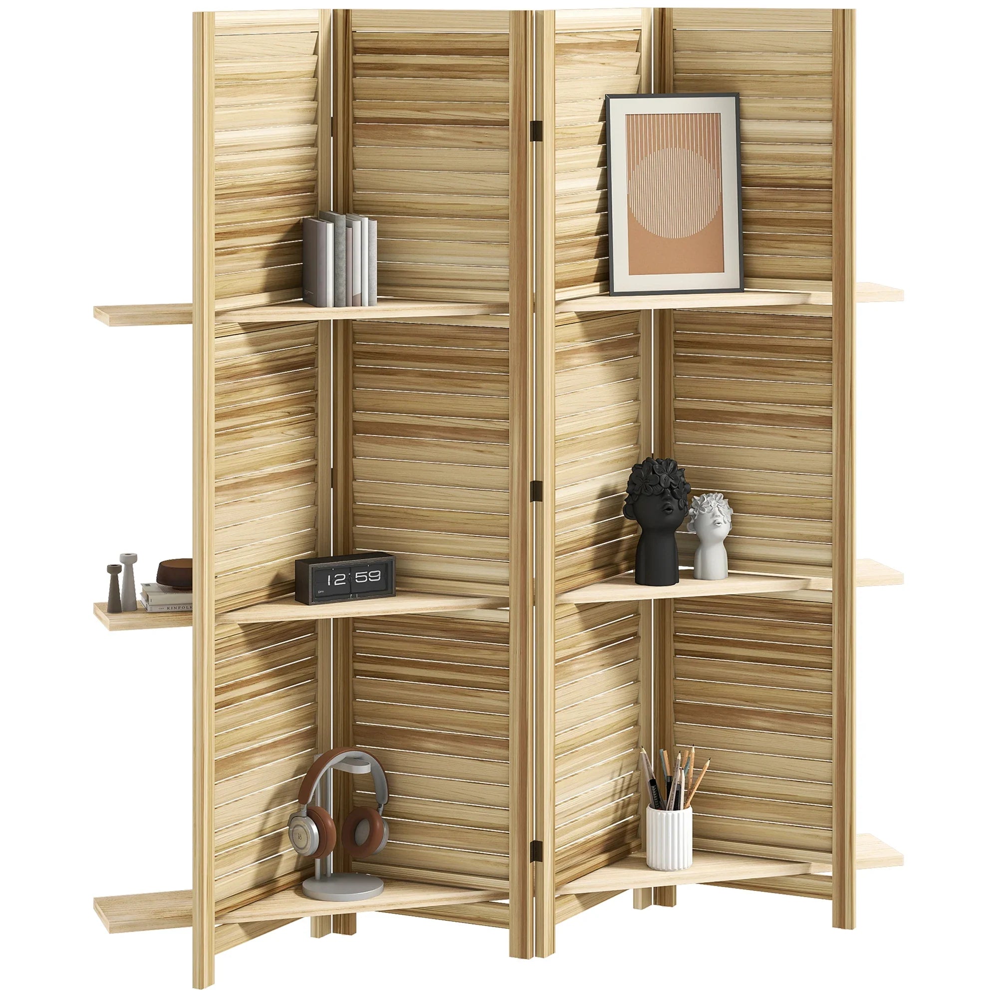 Paravent 4 Panneaux Bambou avec 3 Étagères 160×170 cm