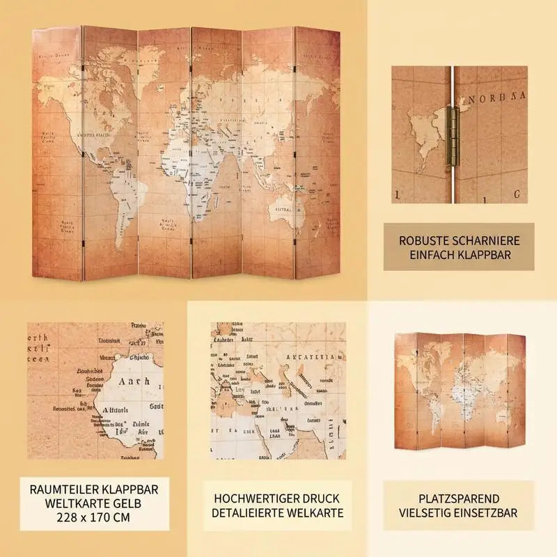 Paravent Imprimé Carte du Monde — Toile Recto-Verso, Cadre Bois