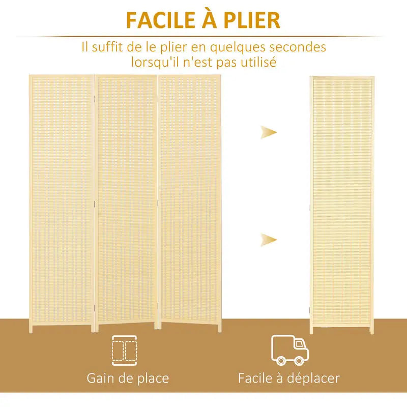 Paravent 3 Panneaux Sapin, Bambou & Fibre Naturelle Tressée — Cloison Organique