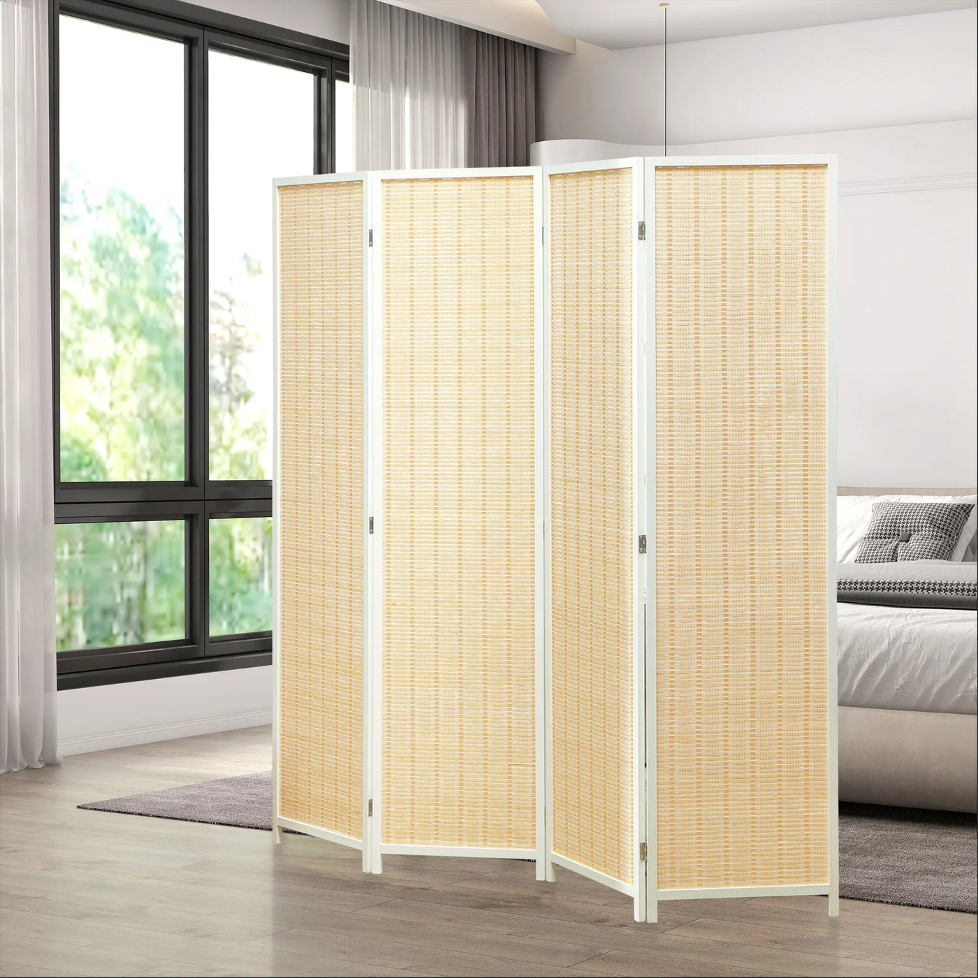Paravent 4 Panneaux Bambou & Papier Tressé — Séparateur Portable Naturel