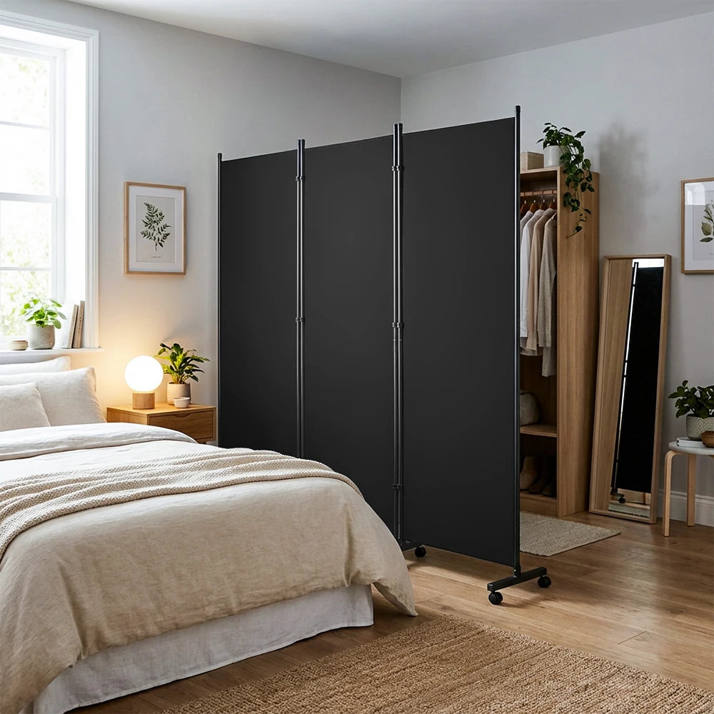 Paravent 3 Panneaux Tissu sur Roulettes — Cloison Mobile 260 × 180 cm