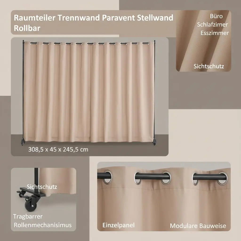 Paravent Tissu Mobile sur Roulettes — Cloison Portable Intérieur Freestanding
