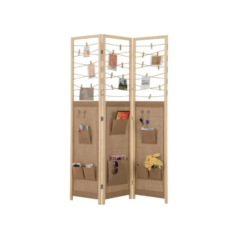 Paravent 3 Panneaux Rustique Corde & Pochettes de Rangement — Sans Montage