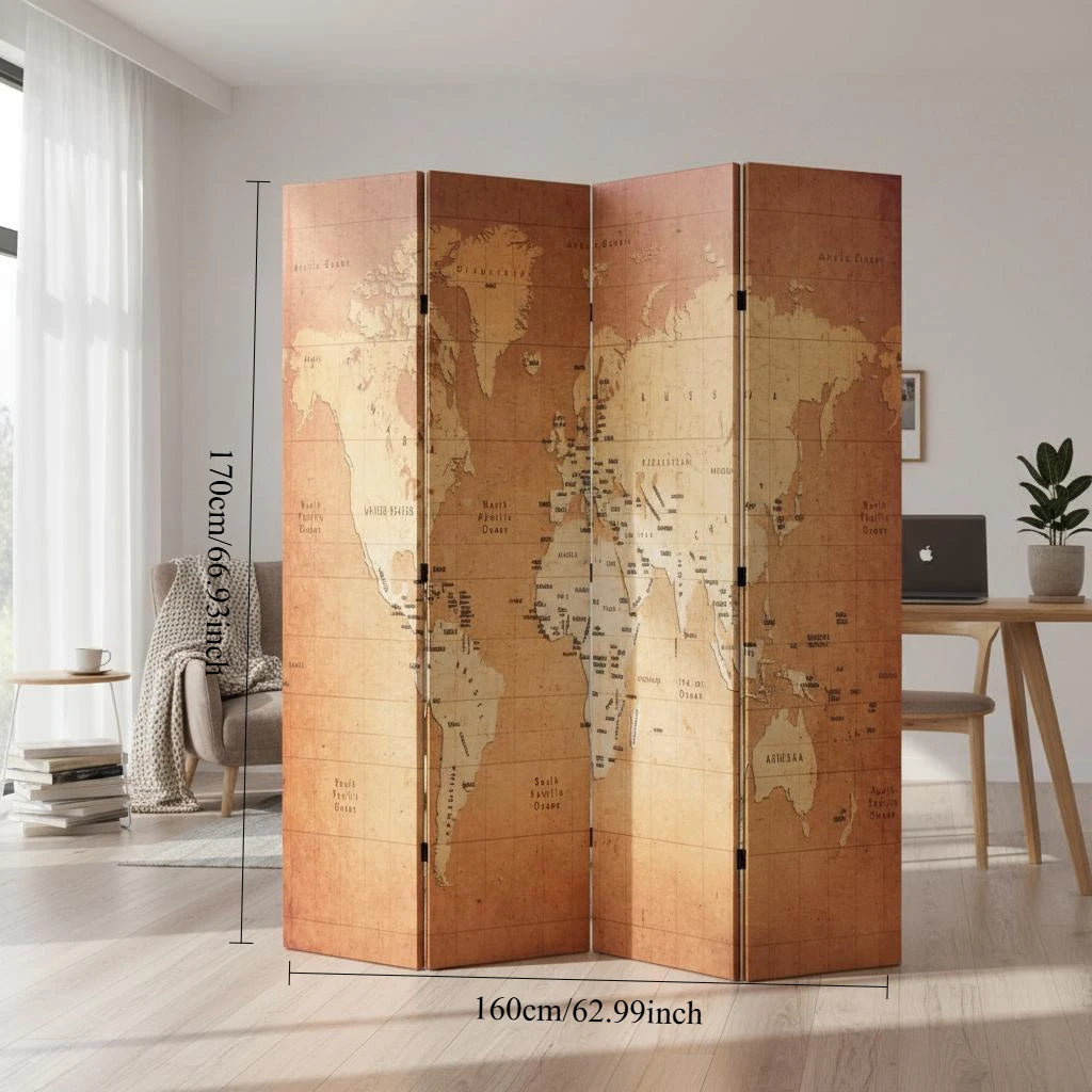 Paravent Imprimé Carte du Monde — Toile Recto-Verso, Cadre Bois