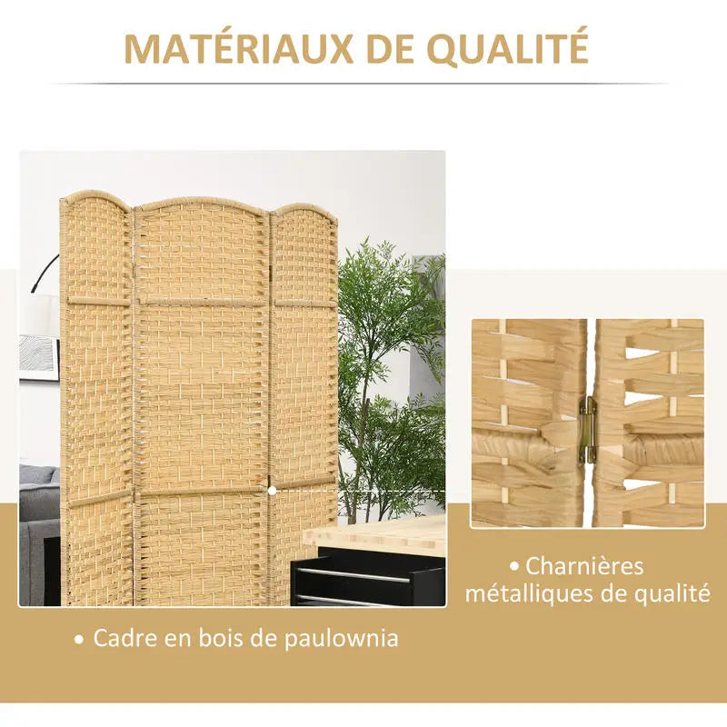 Paravent 3 Panneaux Tressé Incurvé — 6 Charnières Métal, Waterproof
