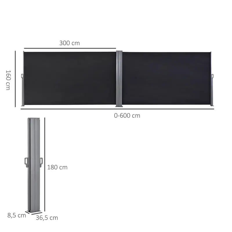 Paravent Rétractable Outdoor 6 m × 180 cm — Protection Solaire Anti-UV Gris & Noir
