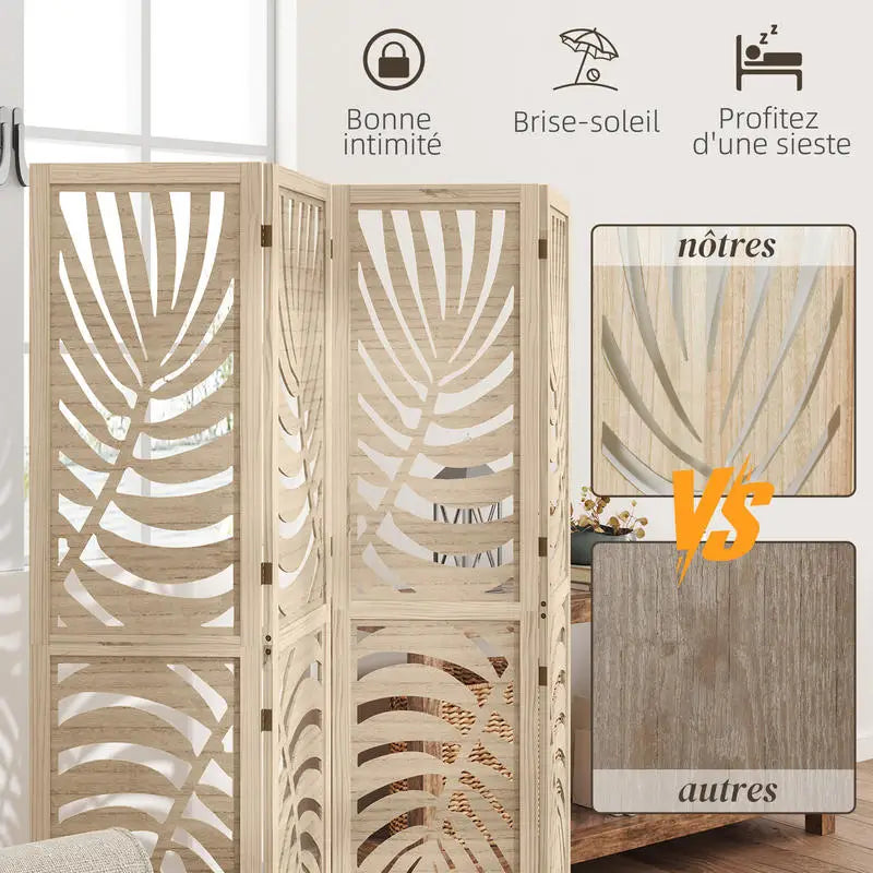 Paravent 4 Panneaux Motif Feuilles de Palmier — Cloison Décorative Tropicale Modulable