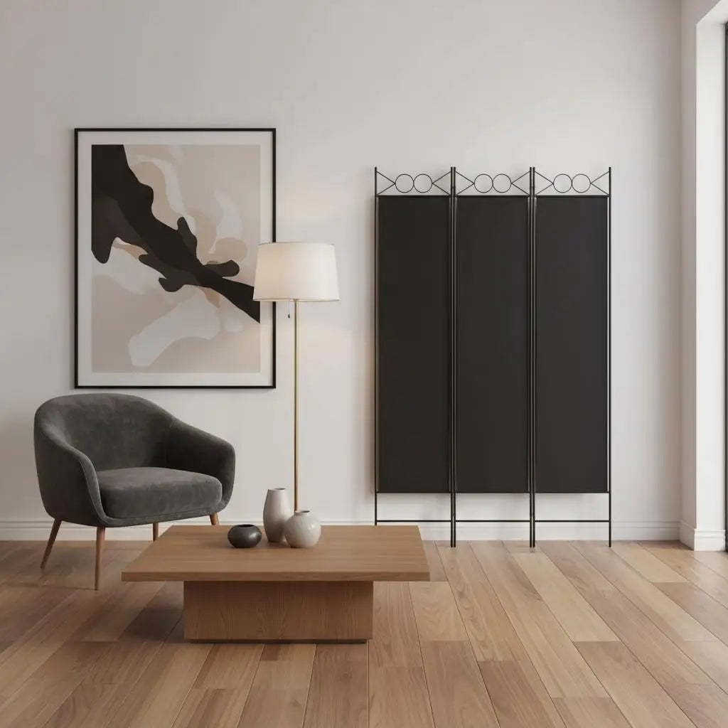 Paravent 3 Panneaux Tissu Noir 120 × 200 cm — Grande Hauteur, Salon & Bureau