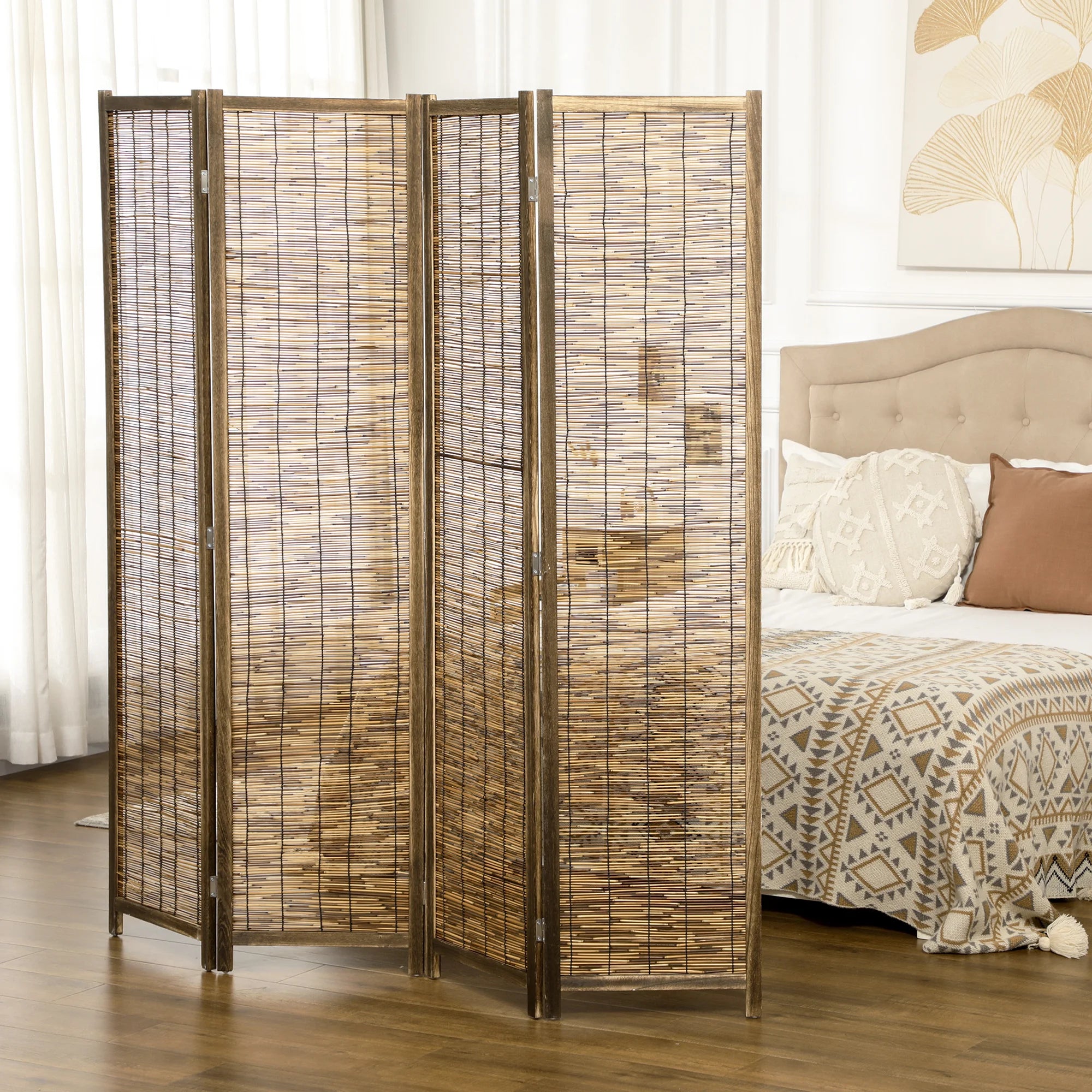 Paravent 4 Panneaux Bois & Rotin — Cloison Naturelle 160 × 170 cm