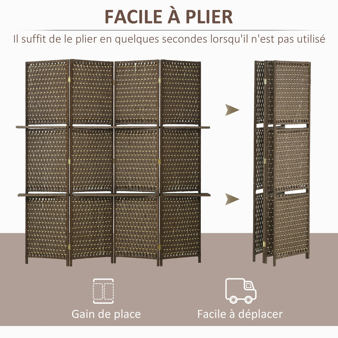 Paravent 4 Panneaux Bambou avec 2 Étagères — Rangement & Séparation