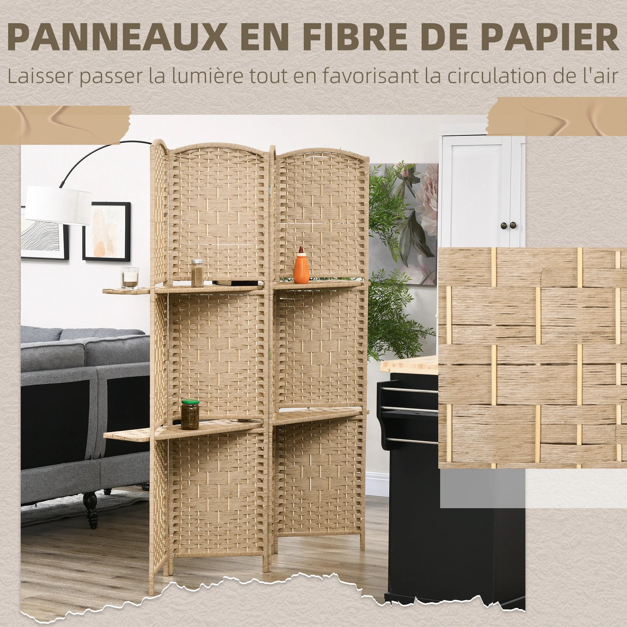 Paravent 4 Panneaux Bois avec 2 Étagères — Rangement & Séparation 160 × 170 cm