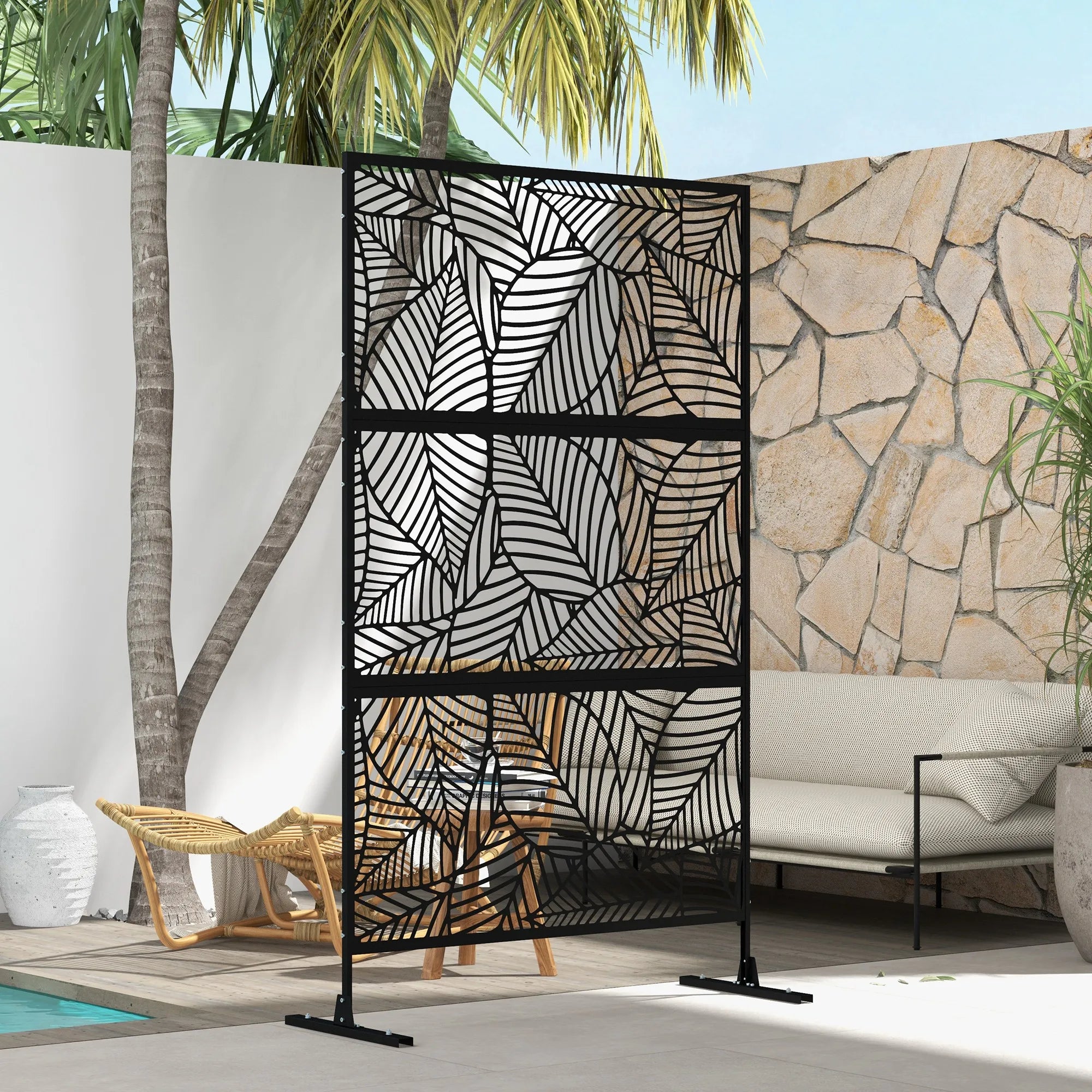 Panneau Brise-Vue Extérieur Noir — Motif Feuillage, Treillis Plantes Grimpantes