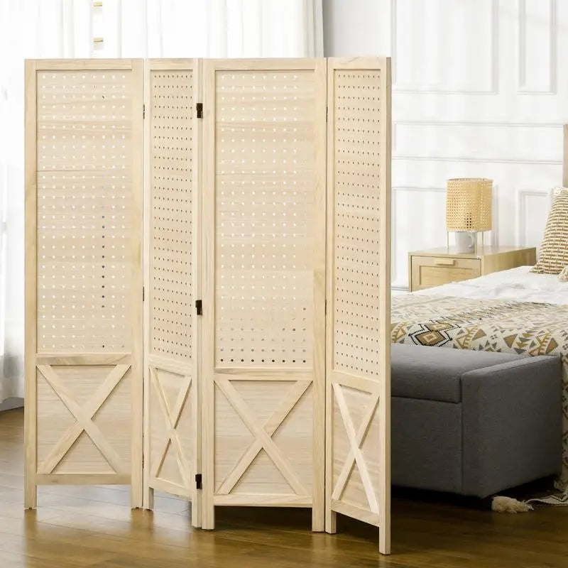 Paravent 4 Panneaux Bois Perforé 152×145 cm