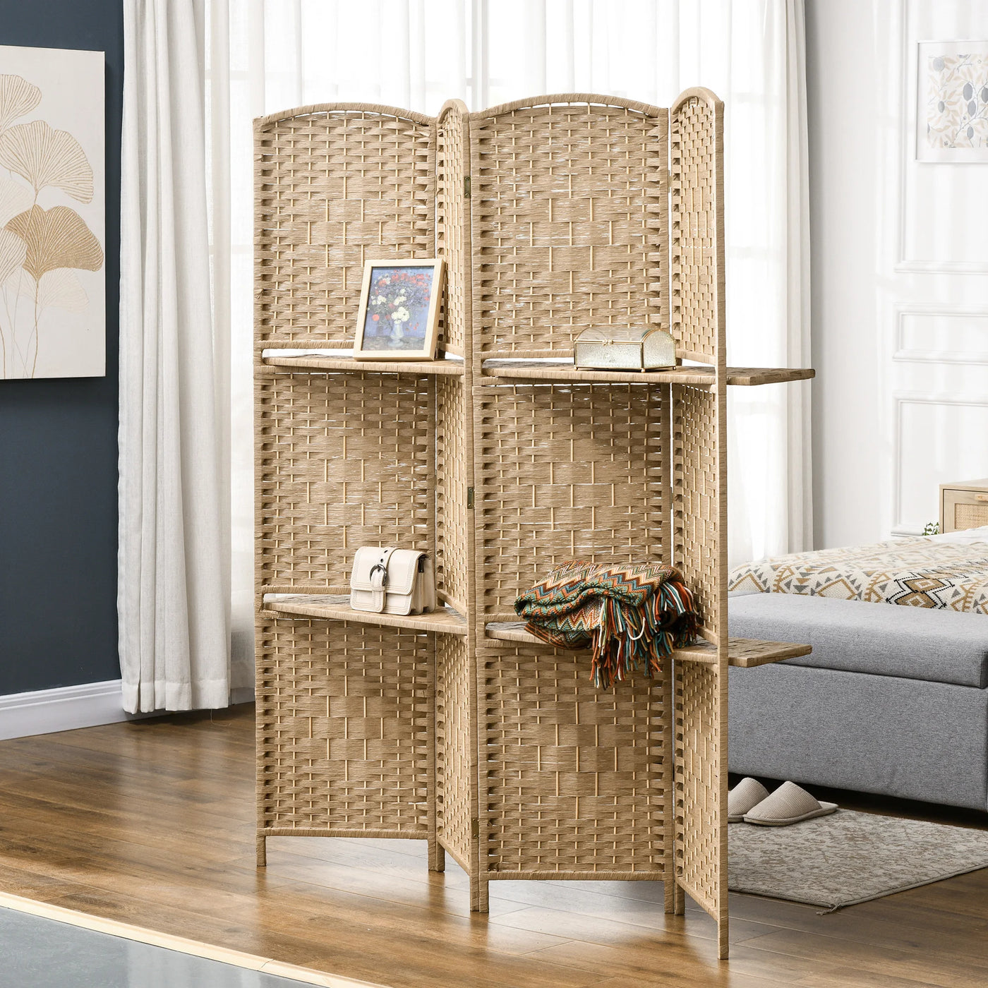 Paravent 4 Panneaux Bois avec 2 Étagères — Rangement & Séparation 160 × 170 cm