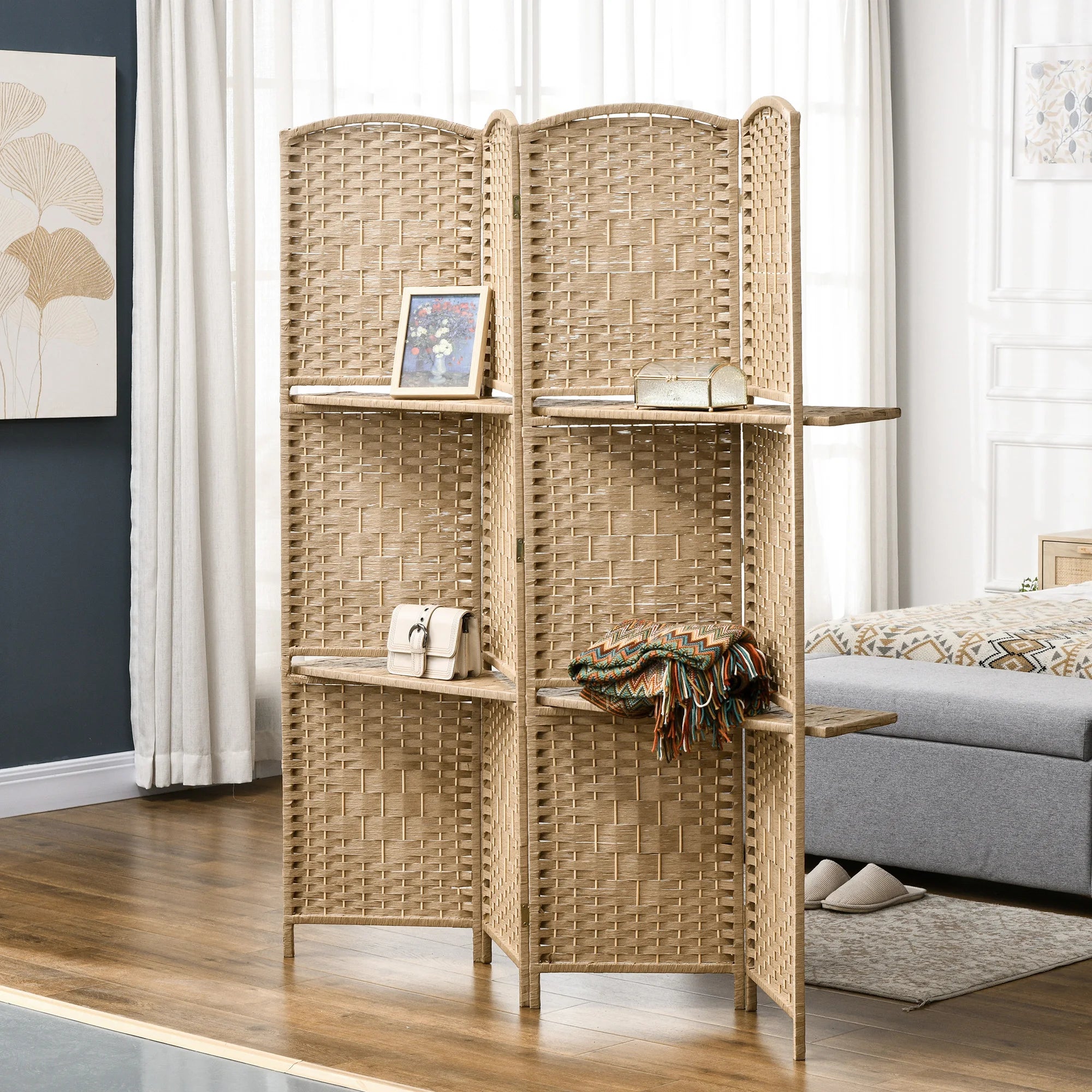 Paravent 4 Panneaux Bois avec 2 Étagères — Rangement & Séparation 160 × 170 cm