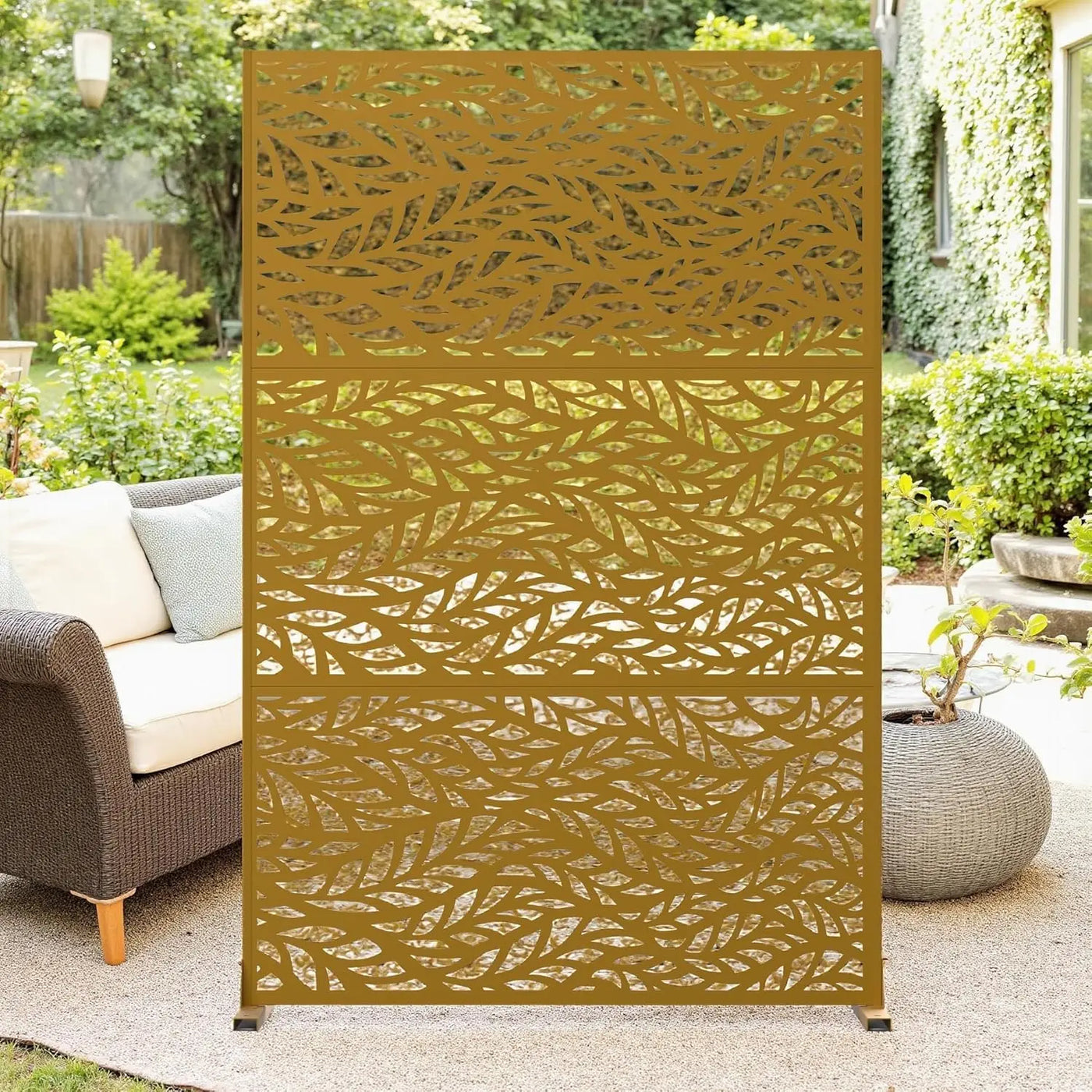 Paravent Métal Extérieur 183 cm — Motif Feuilles Brun, Autoportant, Balcon & Terrasse