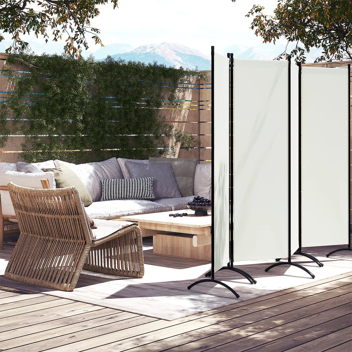 Paravent 4 Panneaux Crème — Cloison Légère Intérieur & Extérieur 224 × 182 cm