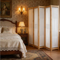 Paravent 6 Panneaux Tissu Crème & Sapin Massif — Cloison 240 × 170 cm