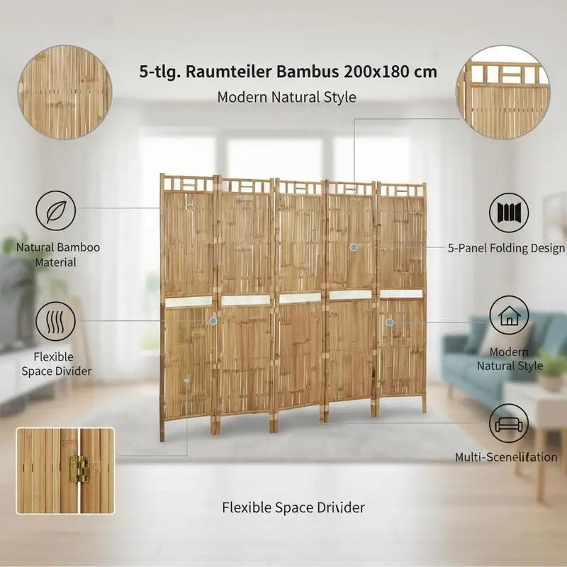 Paravent 5 Panneaux Bambou Résistant — Intérieur & Extérieur, 200 × 180 cm