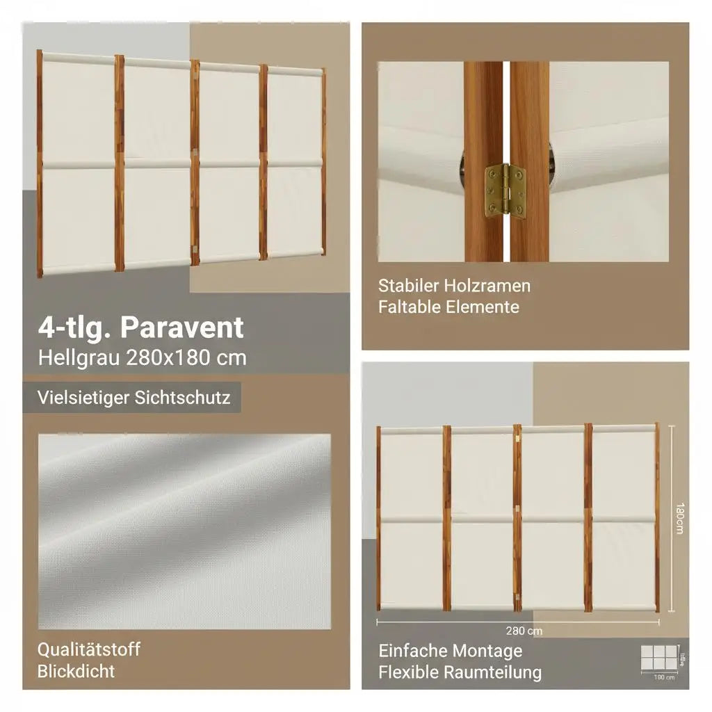 Paravent 4 Panneaux Tissu Gris Clair — Grand Format 280 × 180 cm
