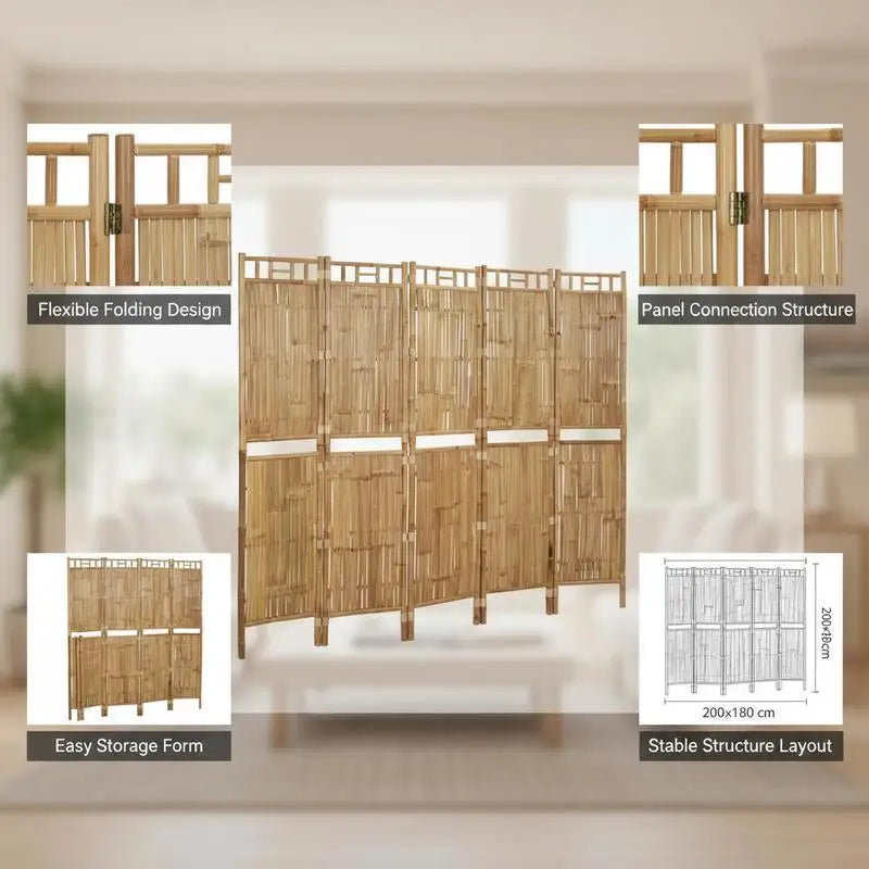 Paravent 5 Panneaux Bambou Résistant — Intérieur & Extérieur, 200 × 180 cm
