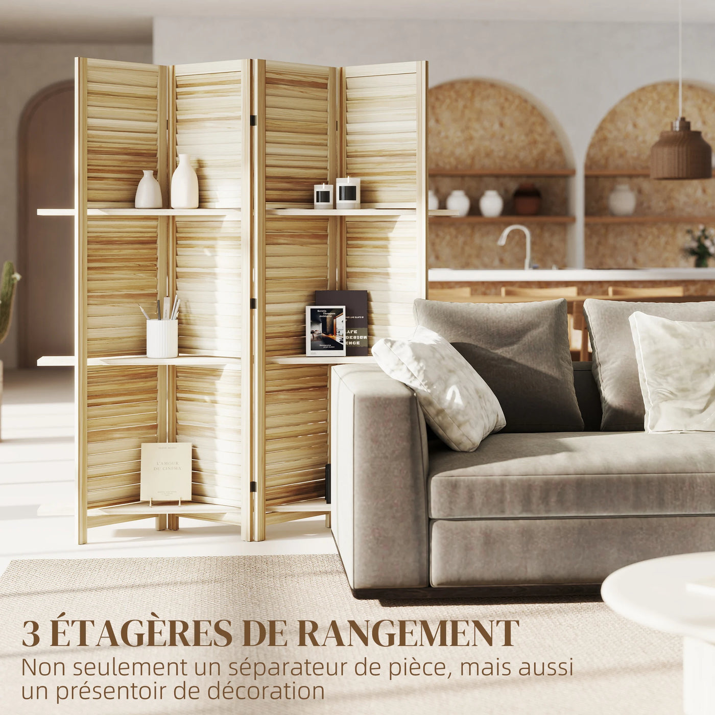 Paravent 4 Panneaux Blanc avec 3 Étagères — Cloison & Meuble 160 × 170 cm